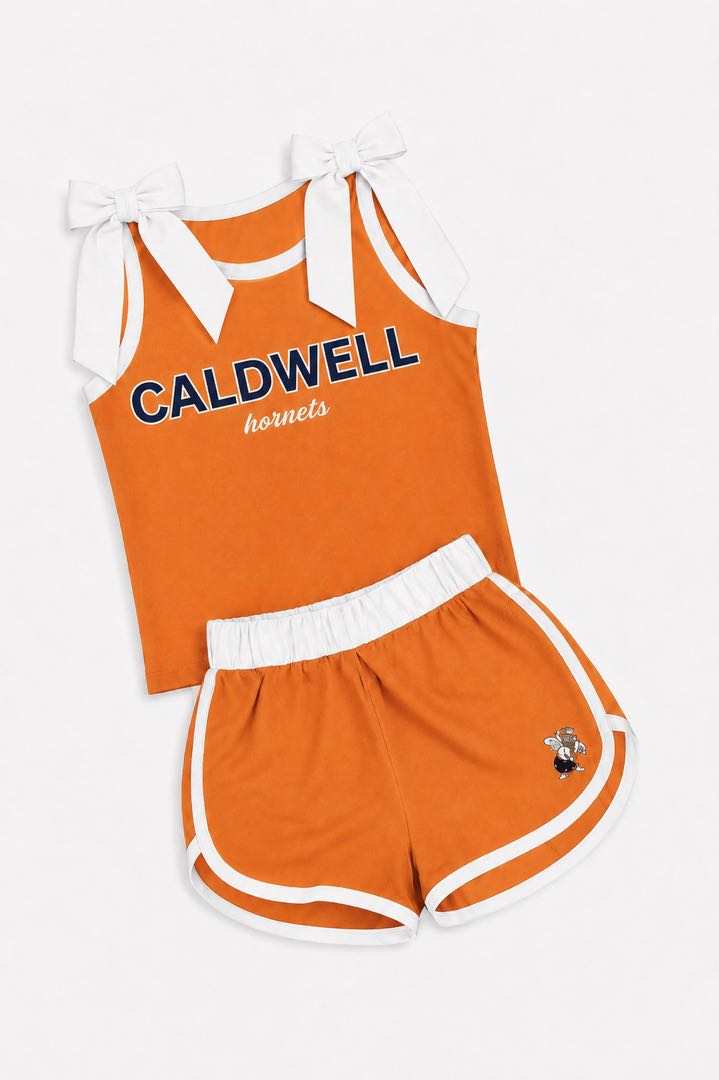 (Custom Design Preorder MOQ 5) Teams Caldwell Hornets White Bows Vest Top Shorts Mommy and Me Summer Yoga Clothes Set