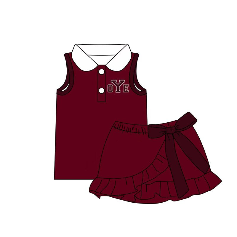 (Custom Design Preorder MOQ 5) Teams Cameron Yoemen Top Wine Bows Skort Girls Summer Yoga Clothes Set