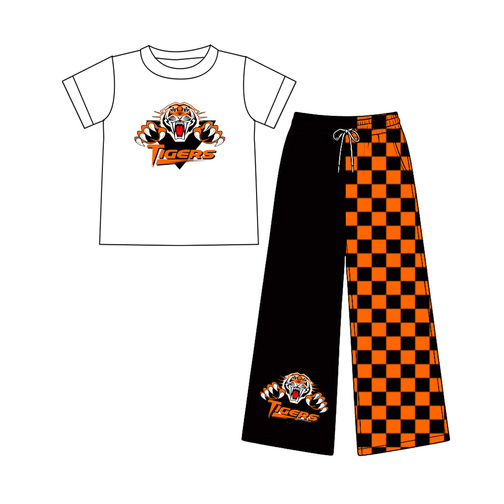 (Custom Design Preorder MOQ 5) Teams Cocoa Tigers White Top Checkered Straight Pants Girls Clothes Set