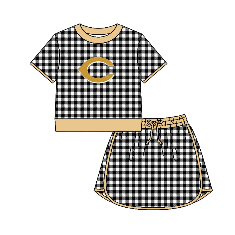 (Custom Design Preorder MOQ 5) Teams Crawford Pirates Top Black Checkerd Skort Girls Summer Yoga Clothes Set