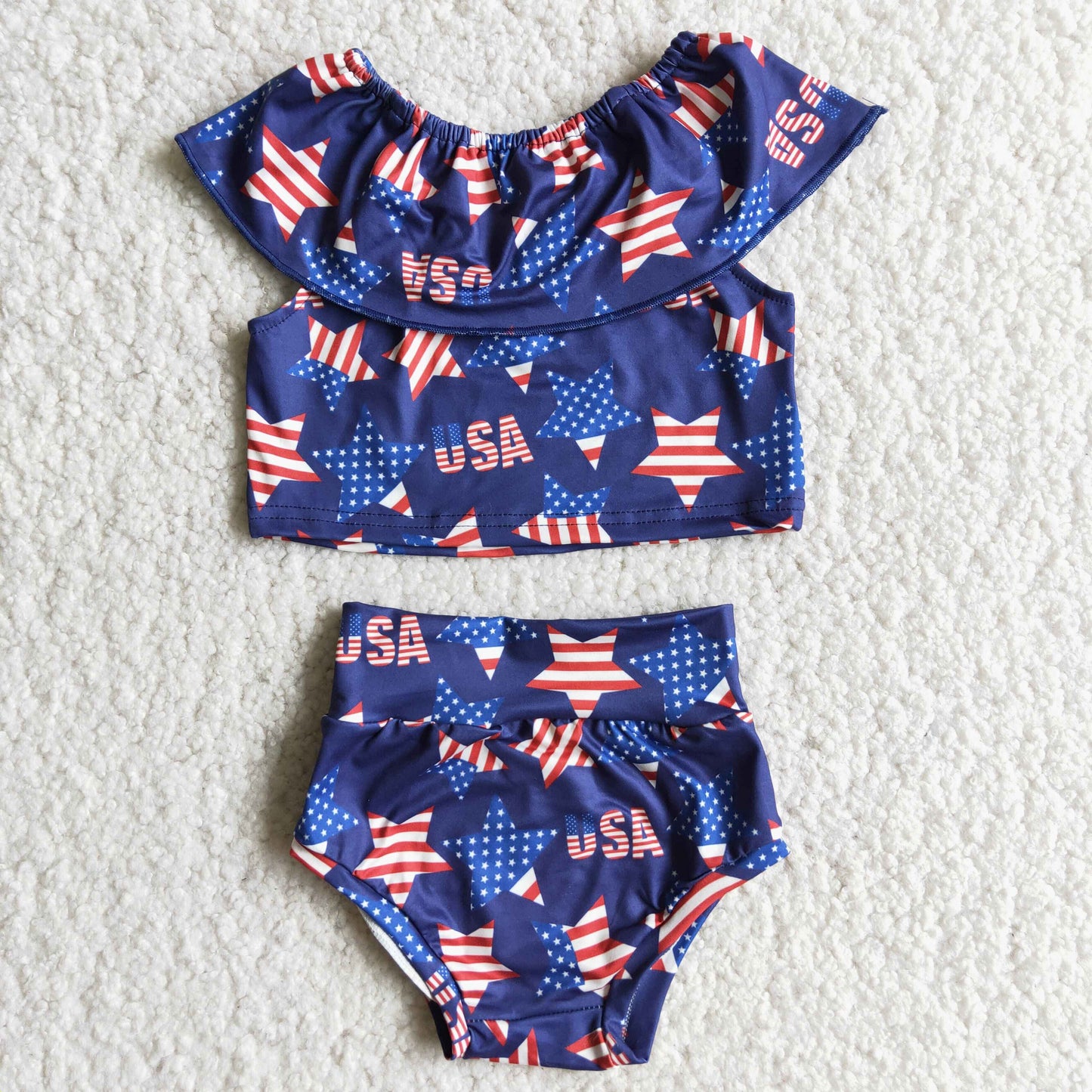 (Promotion)D10-5 Stars USA Print Baby Girls 4th of July Bummie Set