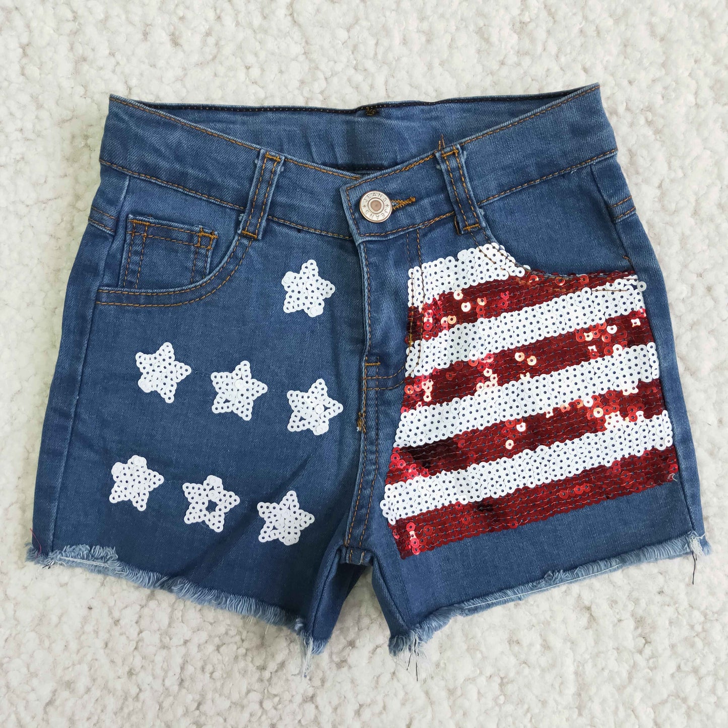 Stars Stripes Sequin Blue Denim Baby Girls 4th of July Shorts D11-15