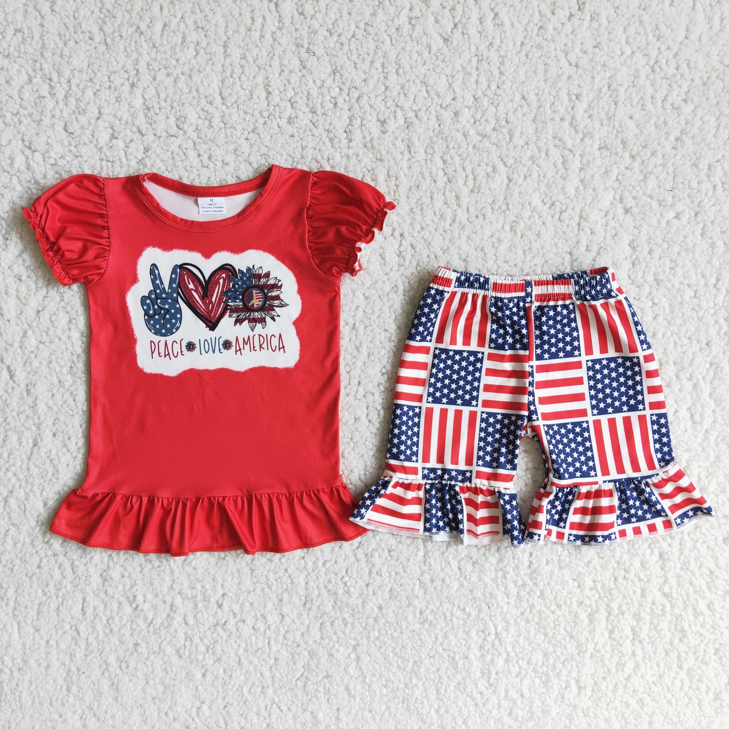 (Promotion) D12-15 Peace Love America Red Top Stars Shorts Girls 4th of July Clothes Set