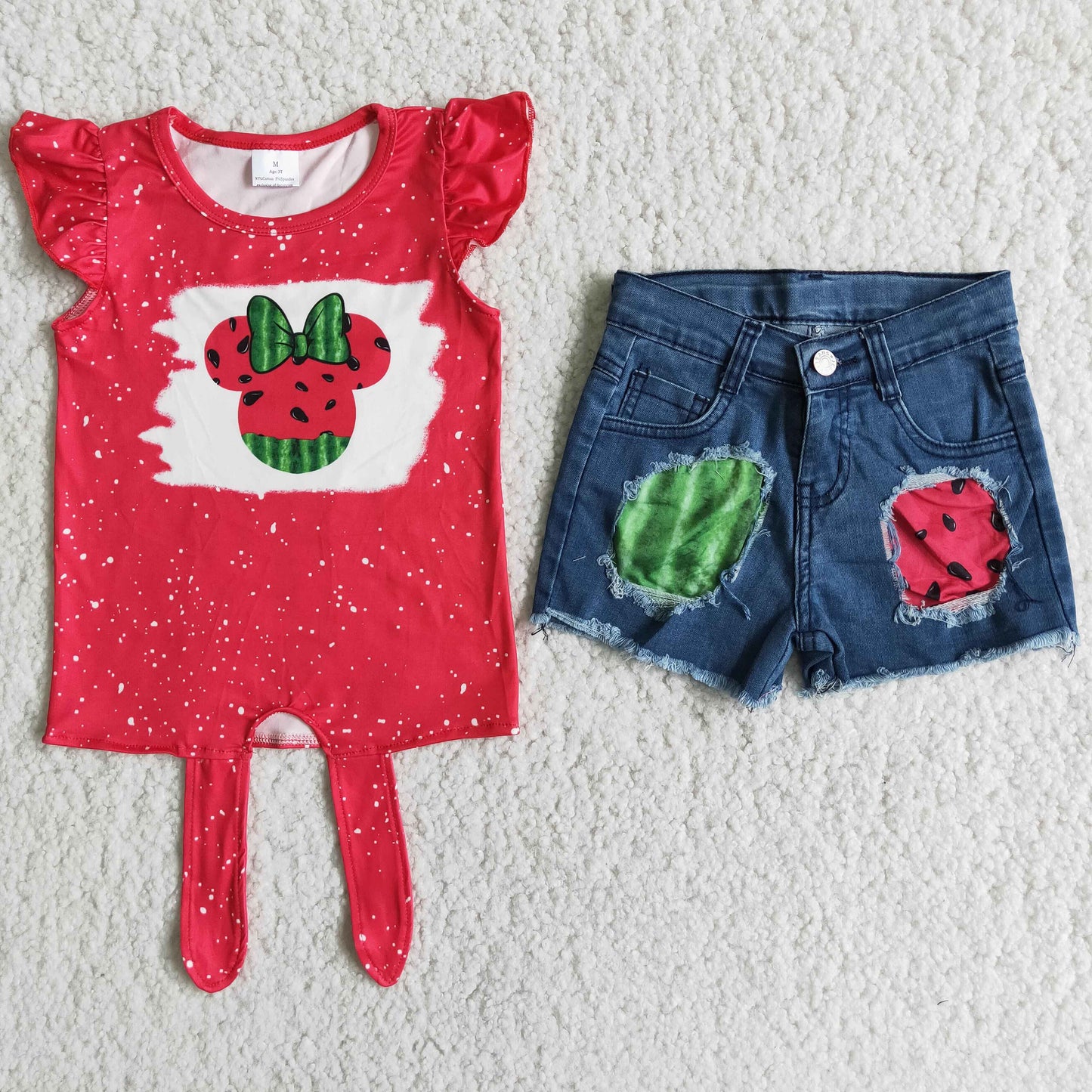 Cartoon Mouse Watermelon Top denim shorts Girls summer outfits D12-3