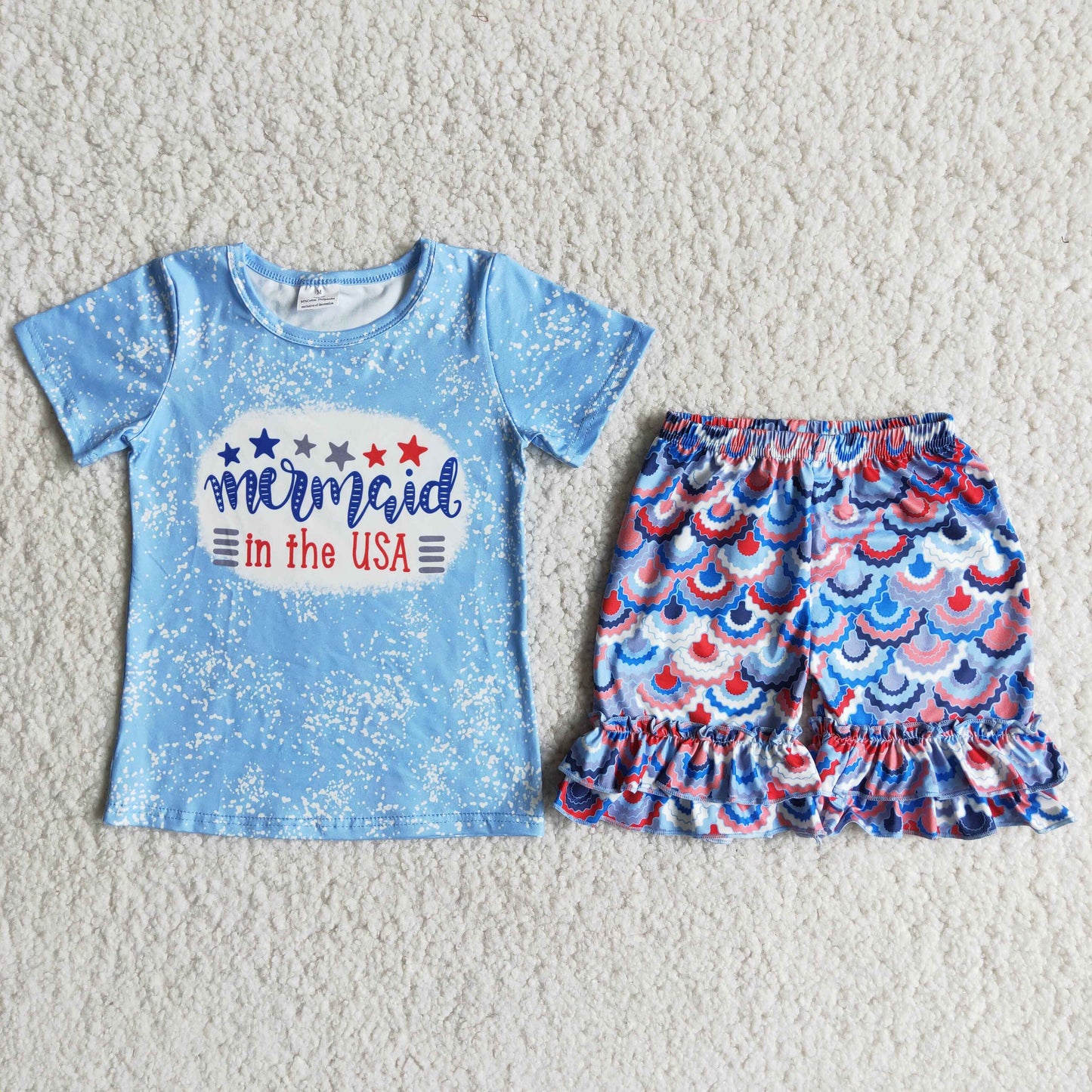(Promotion)D13-19 Mermaid Blue Top Scale Shorts Girls 4th of July Clothes Set