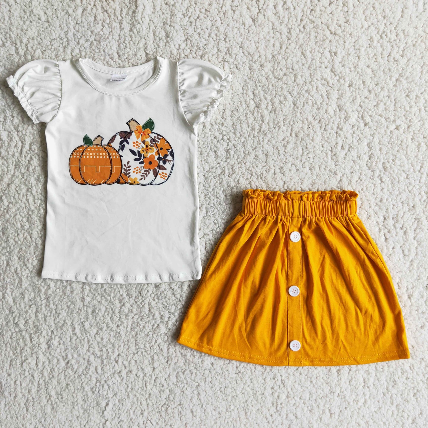 D2-15 Fall Pumpkin Flowers White Top Orange Skirts Baby Girls Clothes Set