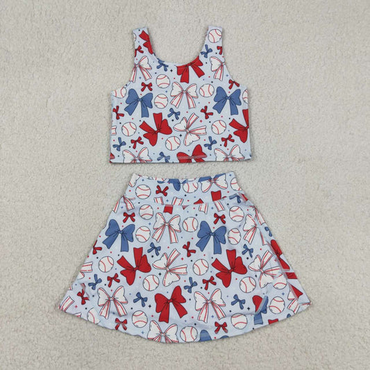 GSD2151 Baseball Bows Tank Top Skirts Shorts Girls 4th of July Yoga Clothes Set