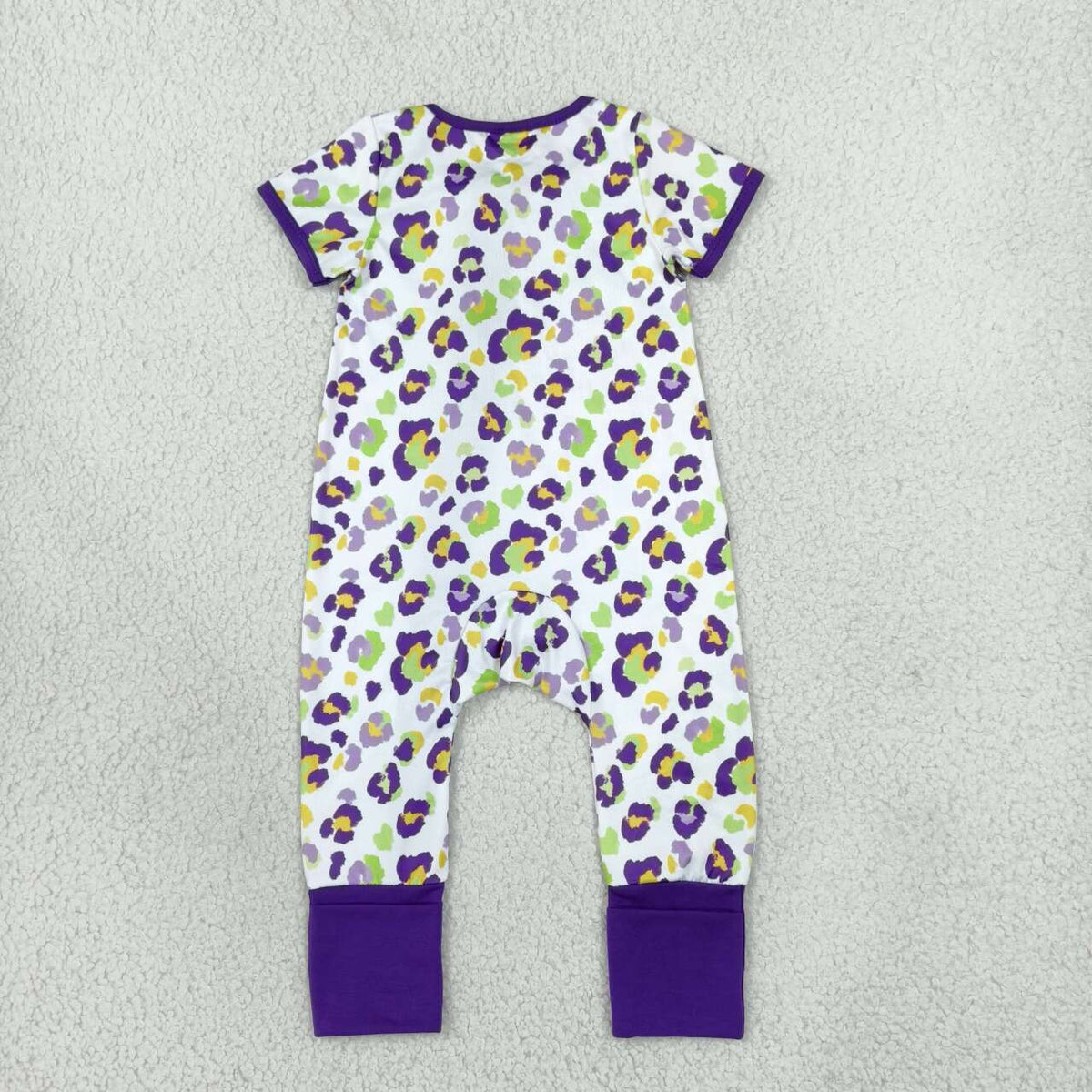 SR4312 Purple Leopard Print Baby Girls Mardi Gras Zipper Sleeper Romper