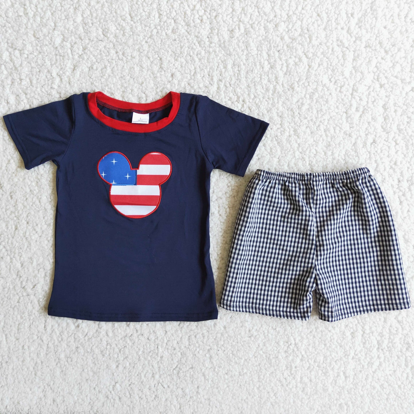 (Promotion)D9-16 Cartoon Mouse Navy Top Plaid Shorts Boys 4th of July Clothes Set