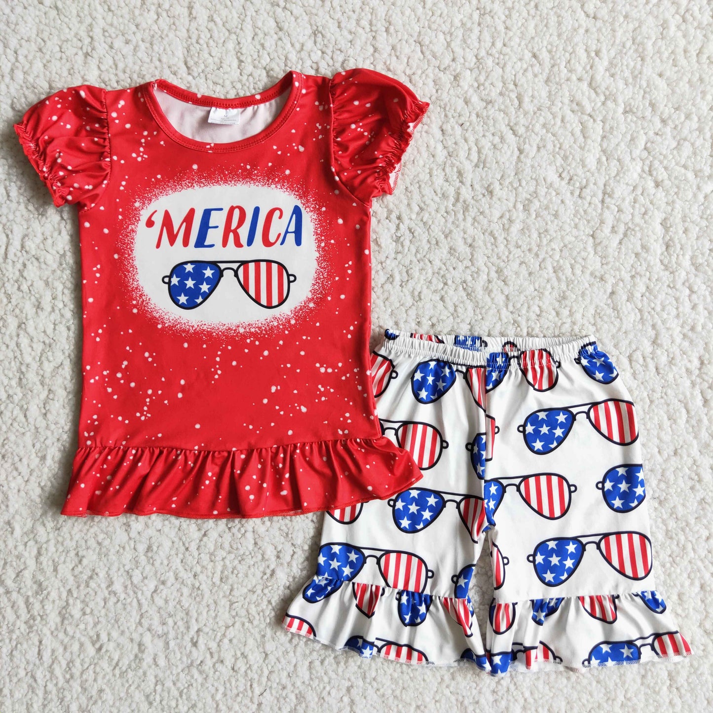 (Promotion)D9-17 MERICA Sunglasses Red Top White Shorts Girls 4th of July Clothes Set