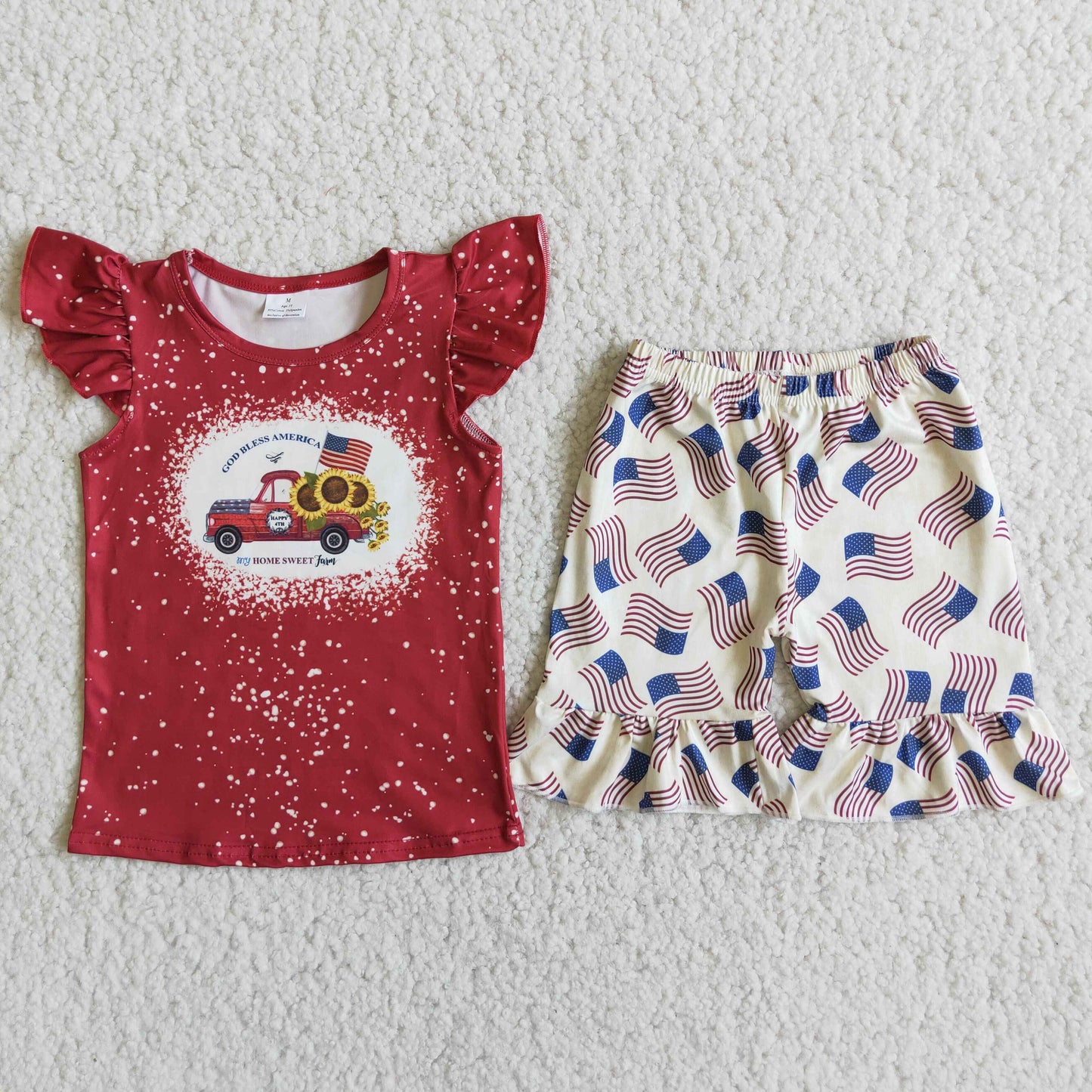 (Promotion)D9-19 Truck Sunflowers Red Top Flag Ruffle Shorts Girls 4th of July Clothes Set