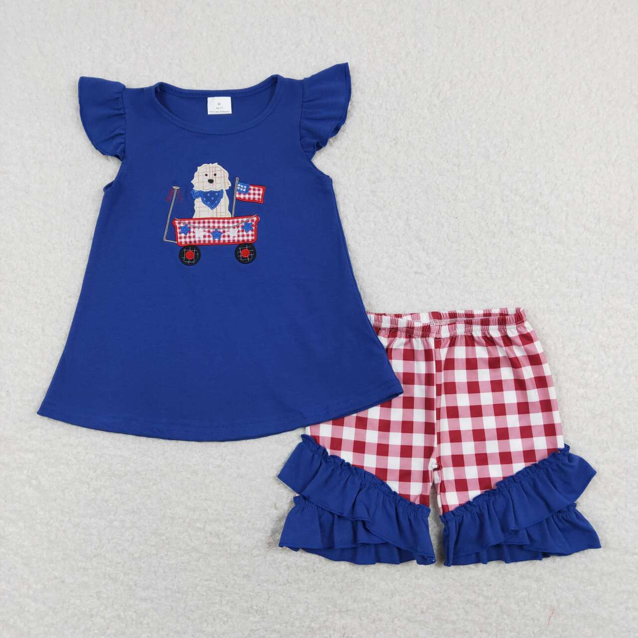 GSSO0460 Dog Flag Tractor Embroidery Blue Tunic Top Plaid Shorts Girls 4th of July Outfits