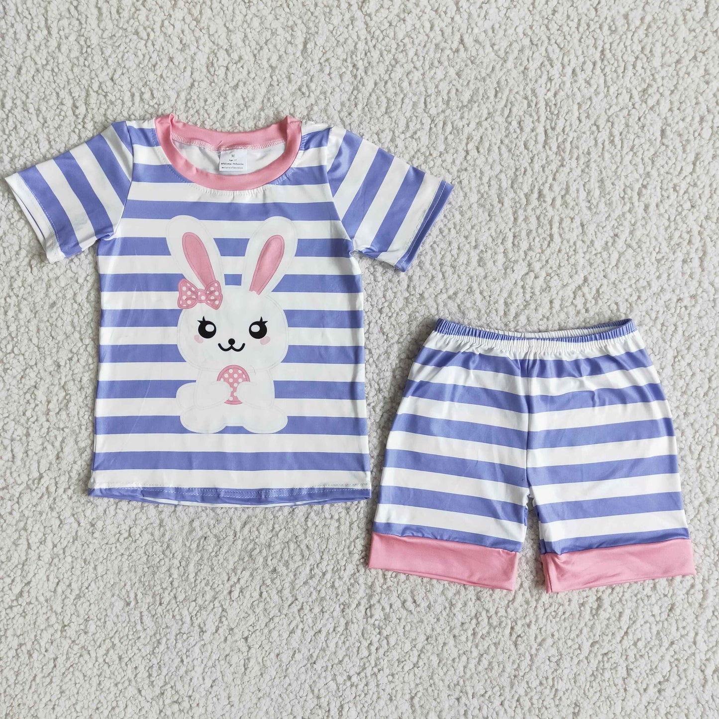 (Promotion)E7-17 Bunny Purple Stripes Print Shorts Girls Easter Pajamas Clothes Set