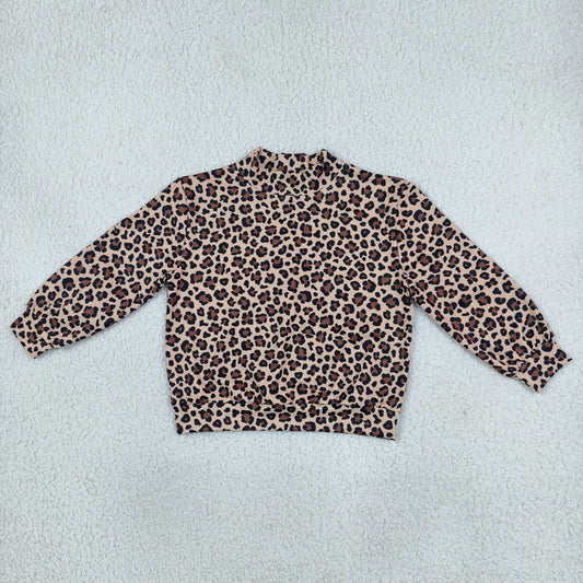 GT1904 Leopard Girls Mock Neck Yoga Long Sleeve Tee Shirts Top
