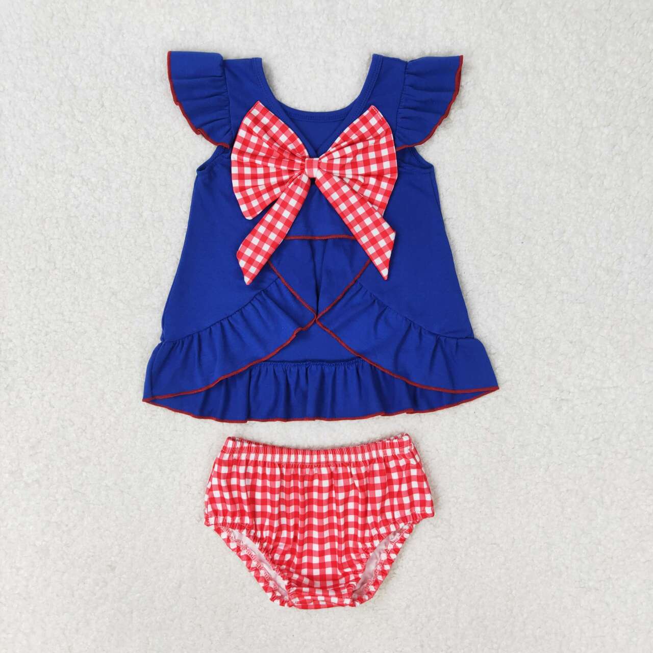 GBO0311 Flag Embroidery Blue Backless Bow Top Plaid Shorts Baby Girls 4th of July Bummie Set
