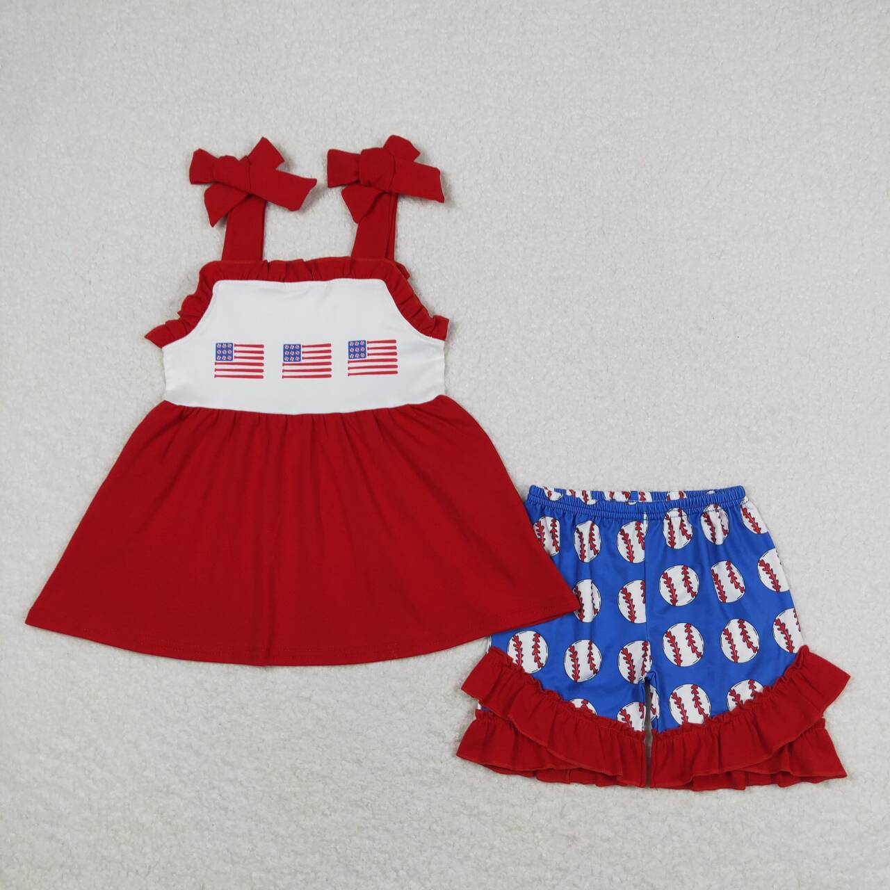 GSSO0736 Flag Strap Tunic Top Baseball Ruffle Shorts Baby Girls 4th of July Clothes Sets