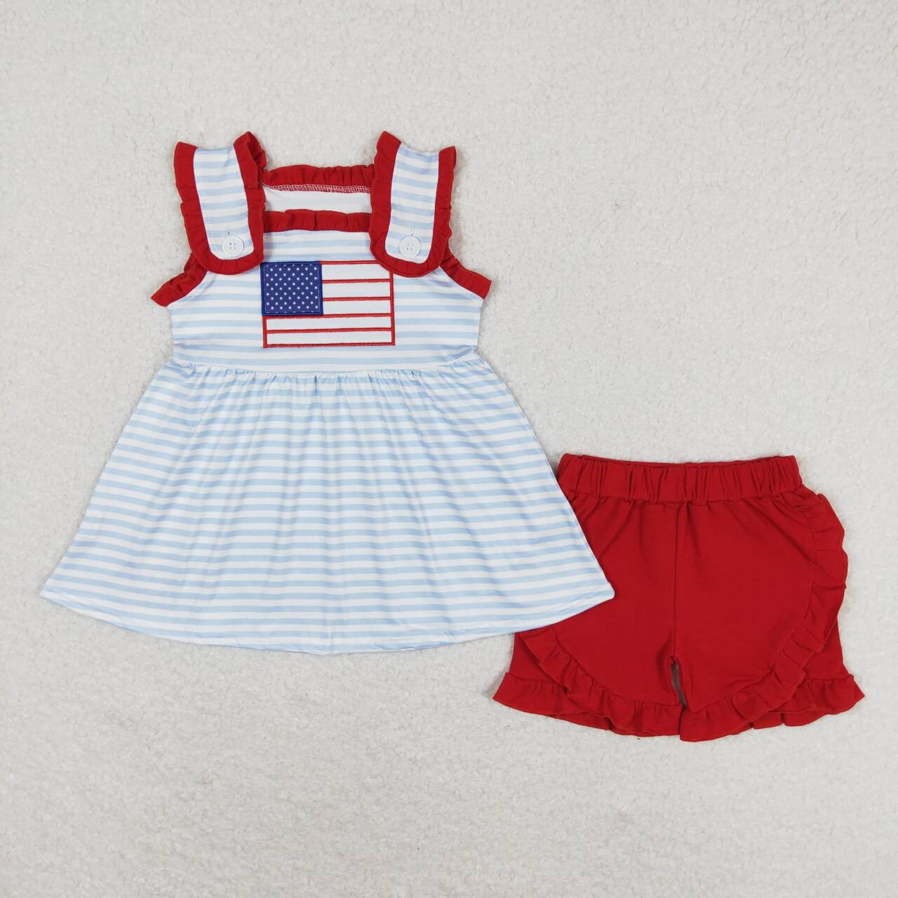 GSSO0755 Flag Embroidery Stripes Tunic Top Red Shorts Girls 4th of July Outfits