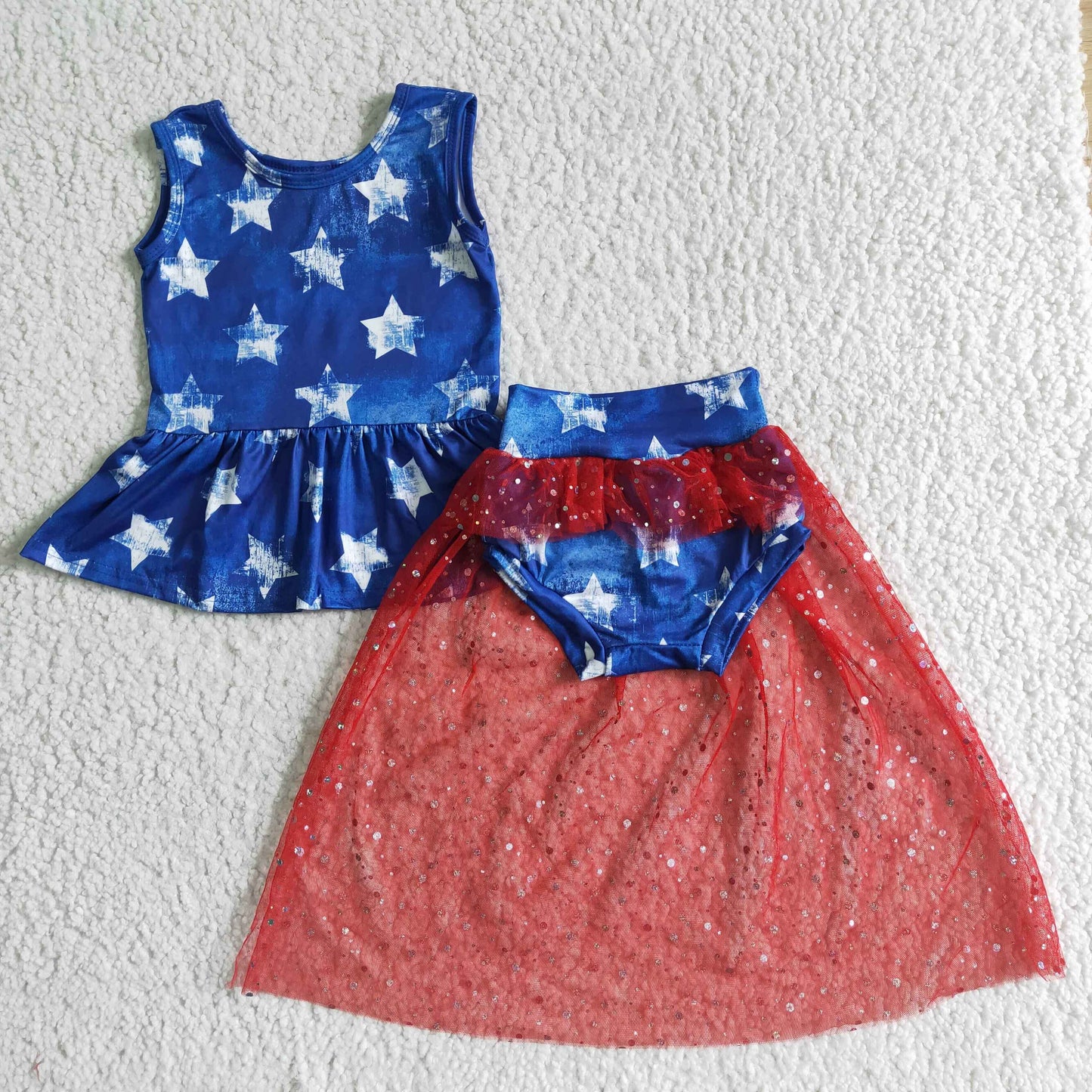 (Promotion)GBO0027 Stars Top Red Tulle Shorts Baby Girls 4th of July Bummie Set