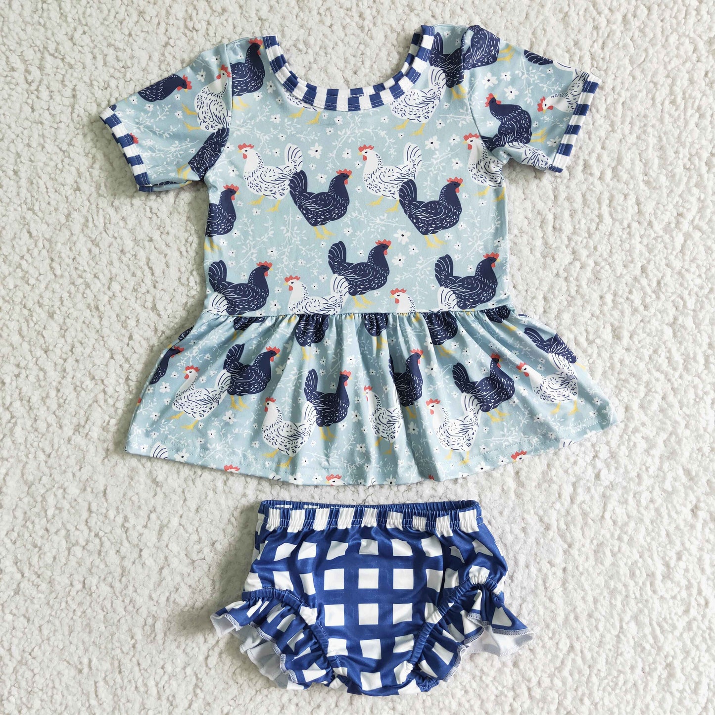 (Promotion) GBO0049 Chicken Flowers Tunic Top Plaid Shorts Baby Girls Summer Bummie Set