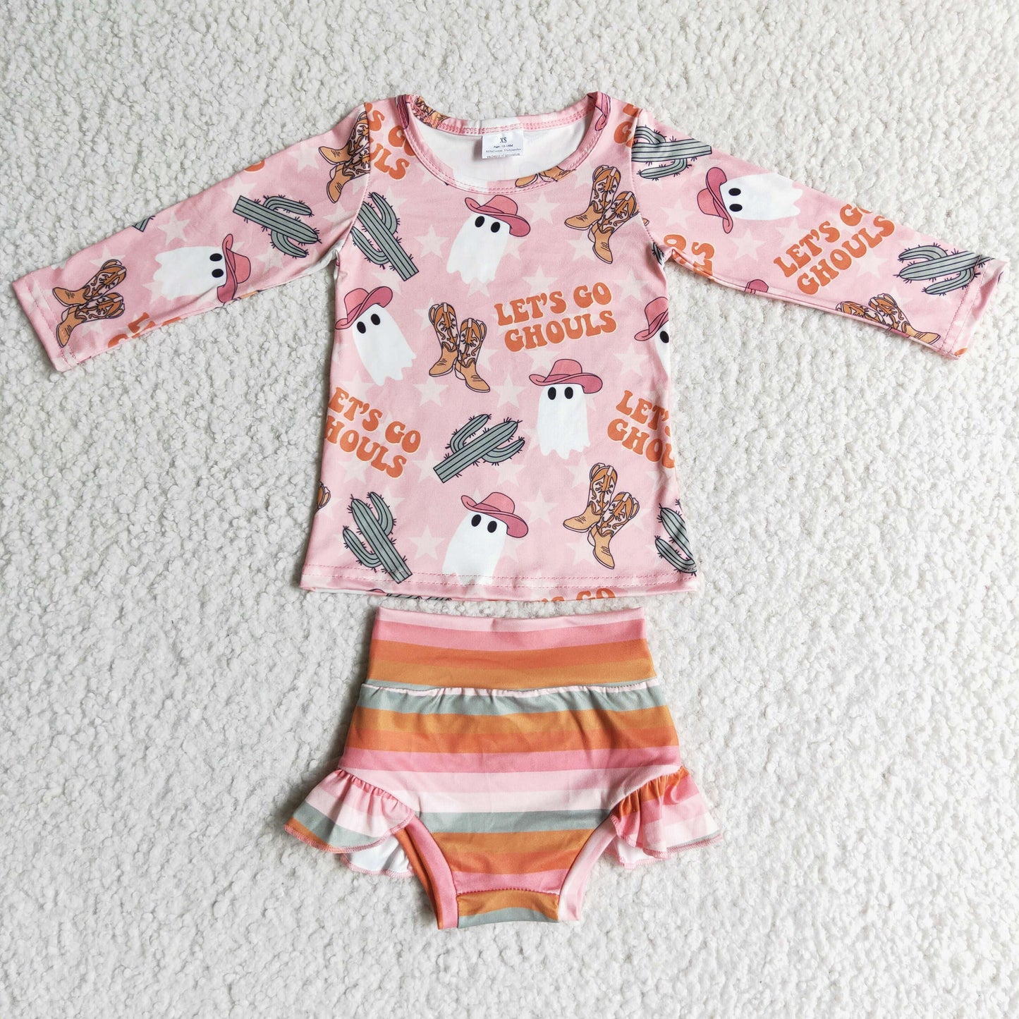 GBO0053 Let's Go Ghost Cowboy Pink Top Stripes Shorts Baby Girls Halloween Bummie Set