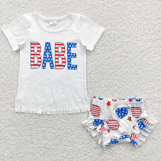 GBO0127 Babe Fringe Short Sleeve & Star-Spangled with Headband - Girls Bummie Set