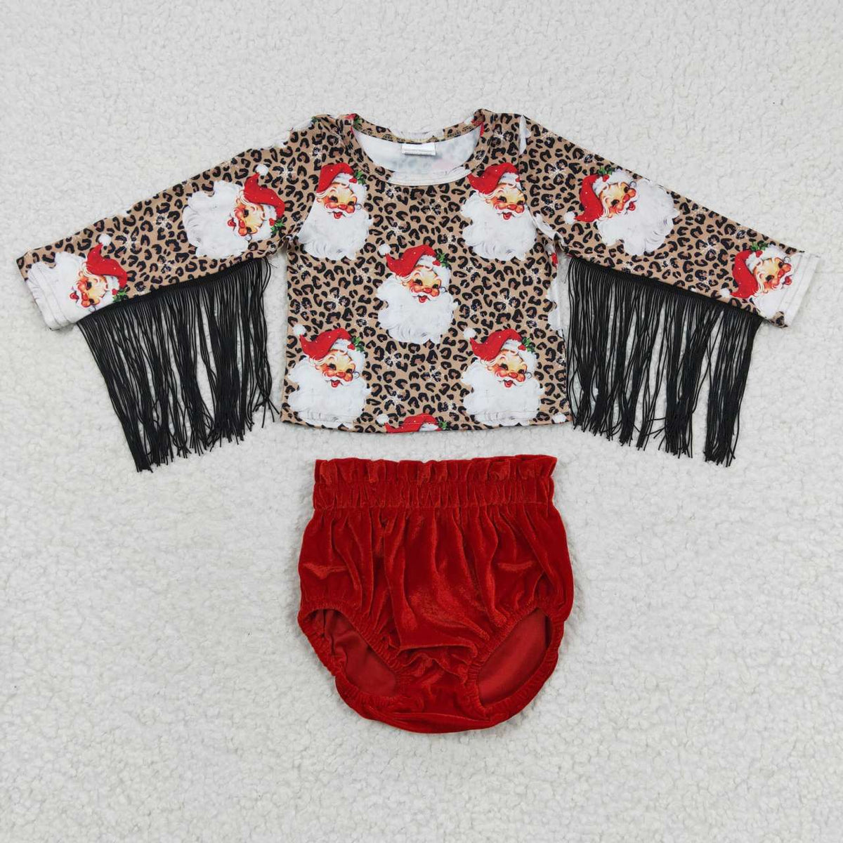 GBO0153 Santa Leopard Tassel Top Red Velvet Shorts Baby Girls Christmas Bummie Set