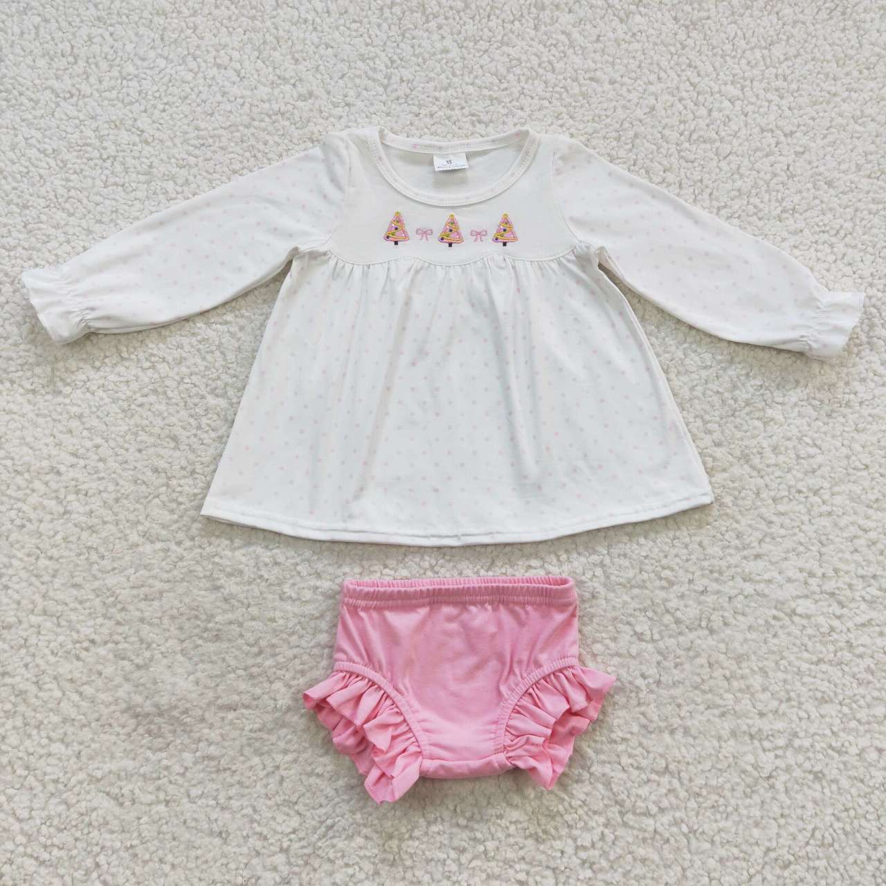 GBO0165 Tree Bows Embroidery Dots Tunic Top Pink Shorts Baby Girls Christmas Bummie Set
