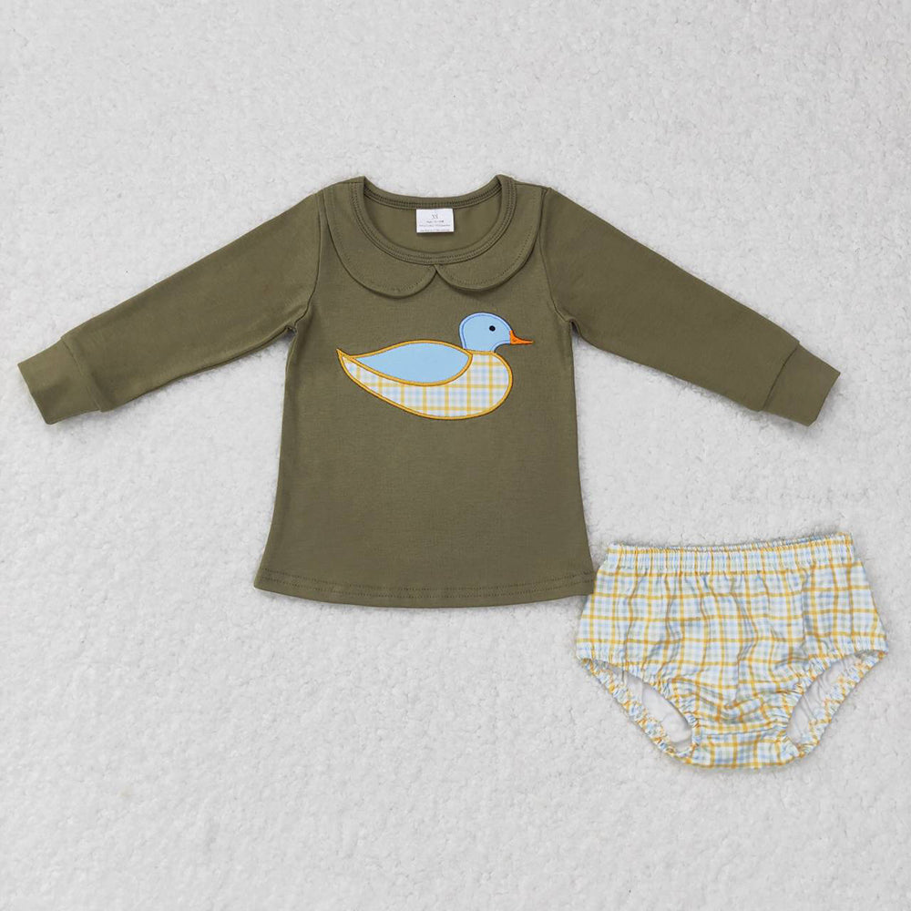 Sibling Baby Kids Olive Embroidery Ducks Top Checked Pant Bummies Hunting Clothes Sets