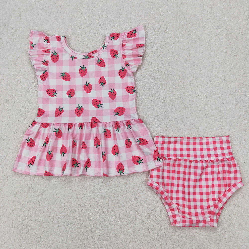 GBO0264 Strawberry Plaid Pink Print Baby Girls Summer Bummie Set