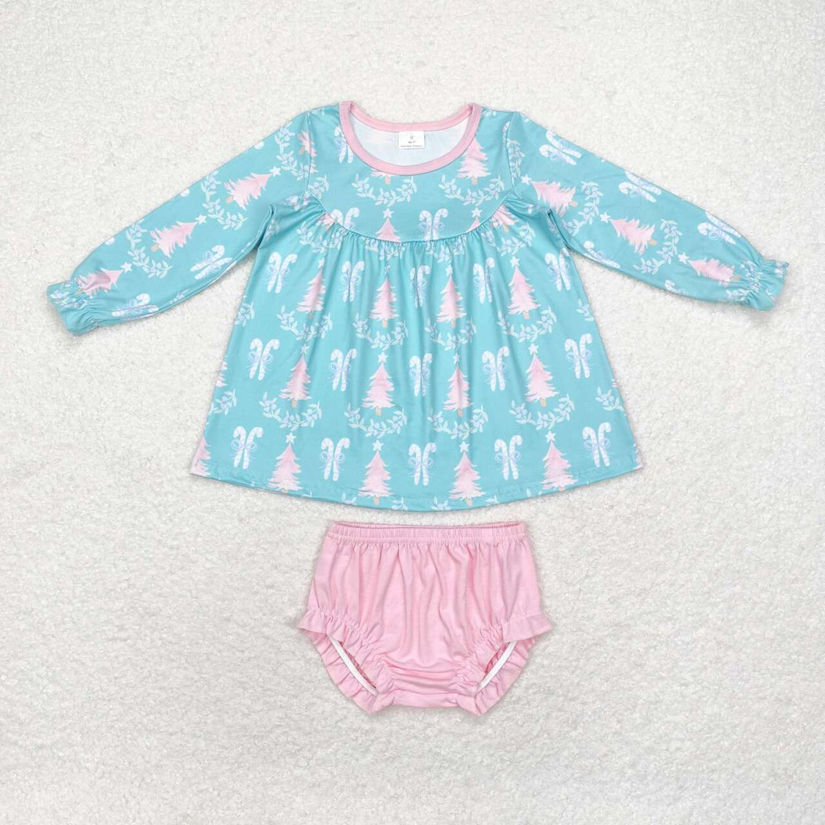 GBO0404 Tree Bows Blue Tunic Top Pink Shorts Baby Girls Christmas Bummie Set