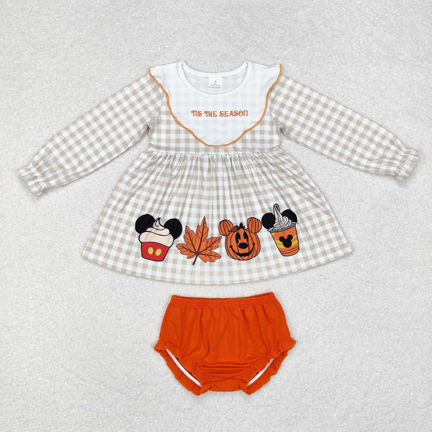 GBO0442 Cartoon Mouse Pumpkin Checkered Tunic Top Orange Shorts Baby Girls Halloween Bummie Set