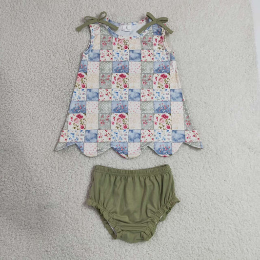 GBO0511 Small Flowers Checkerd Scallop Top Green Shorts Baby Girls Summer Bummie Set