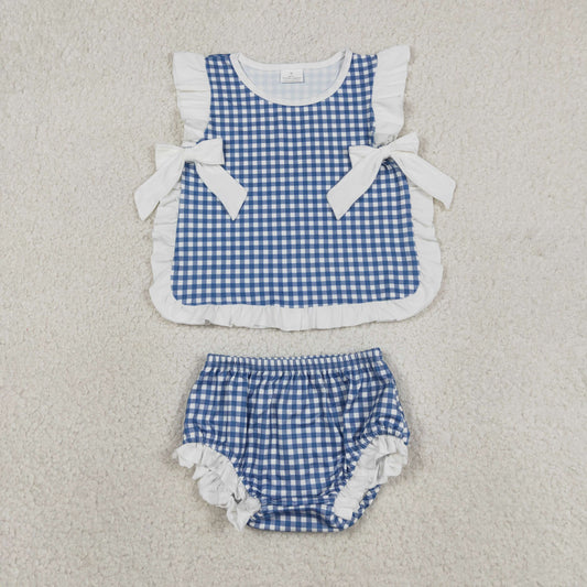 GBO0528 Baby Girls Navy White Gingham Bummie Set With Bow