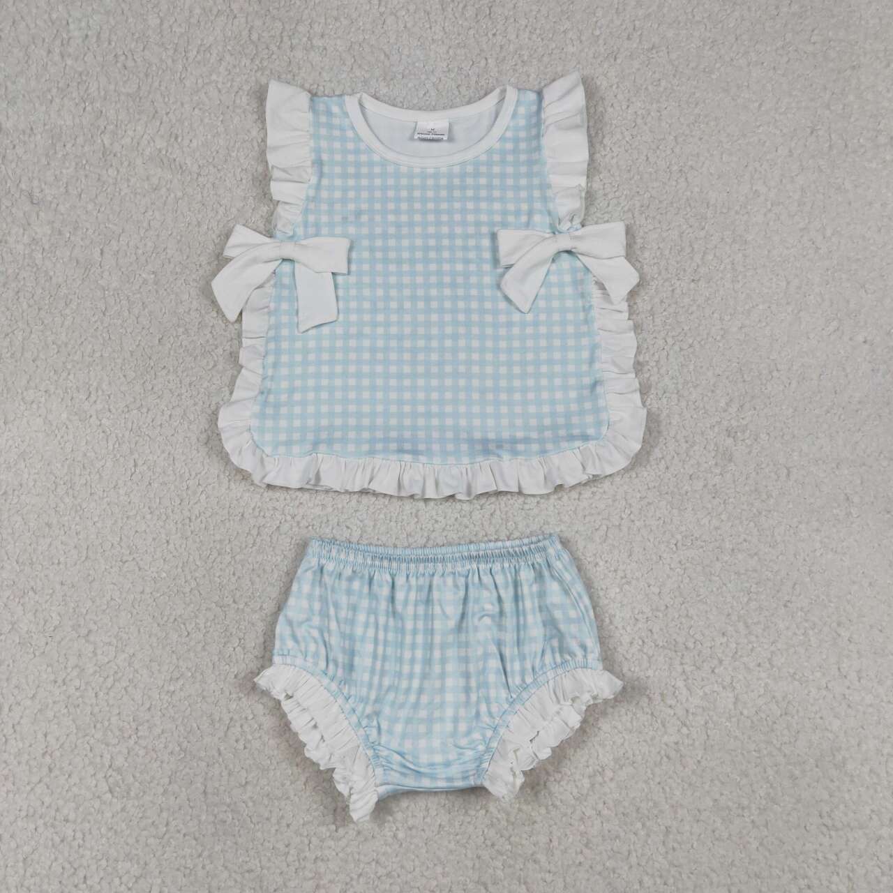 GBO0529 Baby Girls Blue White Gingham Bummie Set With Bow