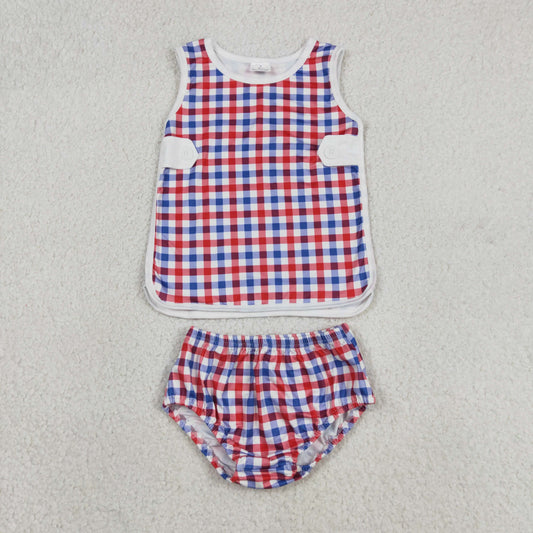 Baby Boy Blue Red Gingham 4th of July Bummie Set