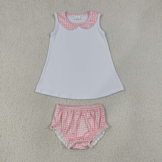 GBO0538 Sleeveless White Top Pink Gingham Baby Girls Summer Bummie Set
