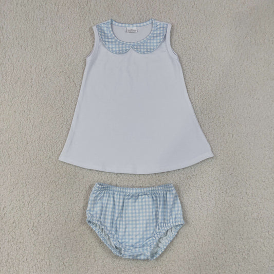GBO0539 Sleeveless White Top Blue Gingham Baby Summer Bummie Set