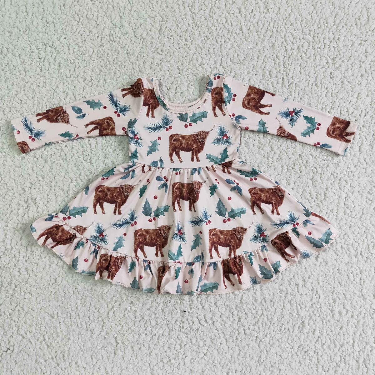 GLD0005 Highland Cow Holly Print Girls Christmas Dress