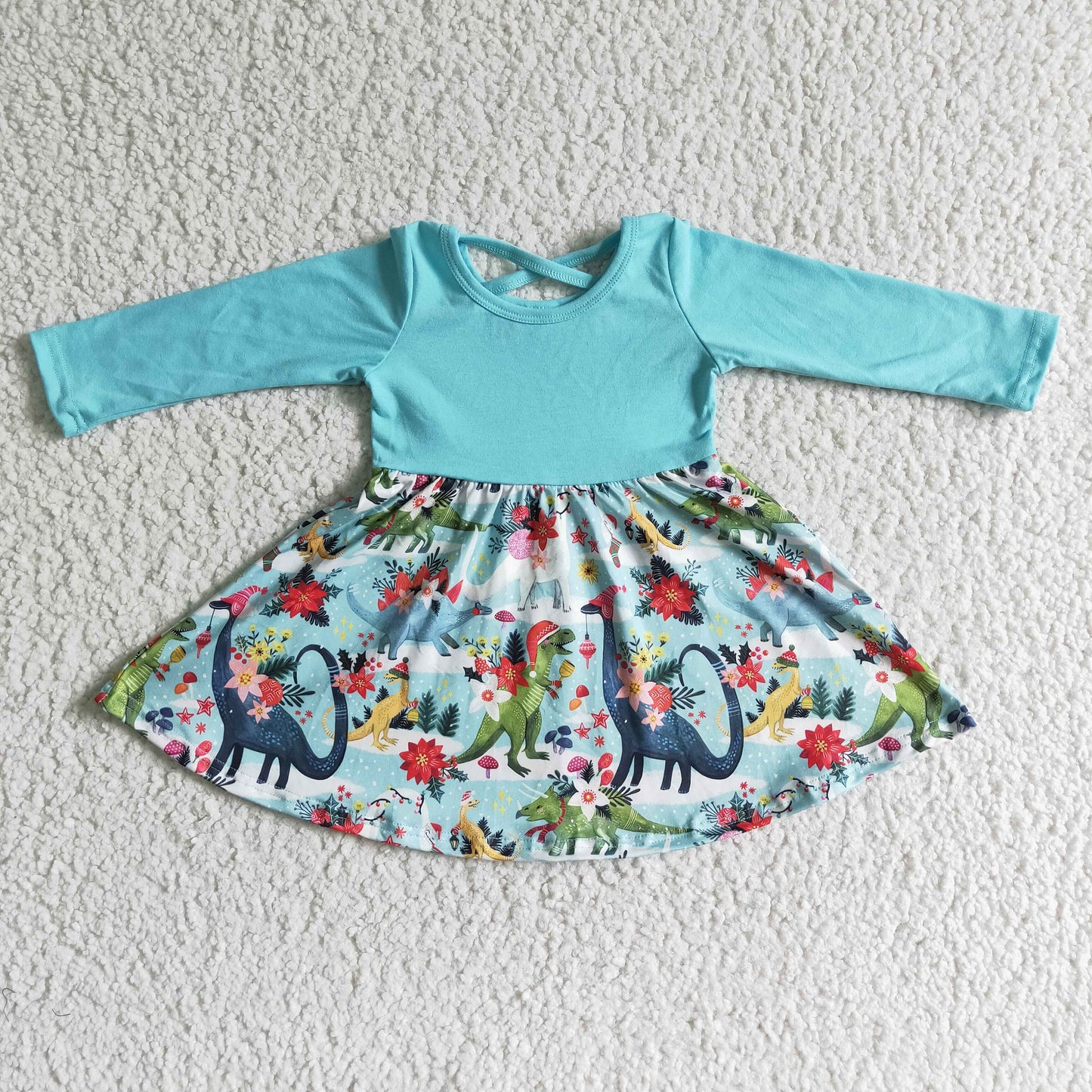 GLD0006 Dino Flowers Print Girls Christmas Knee Length Dress