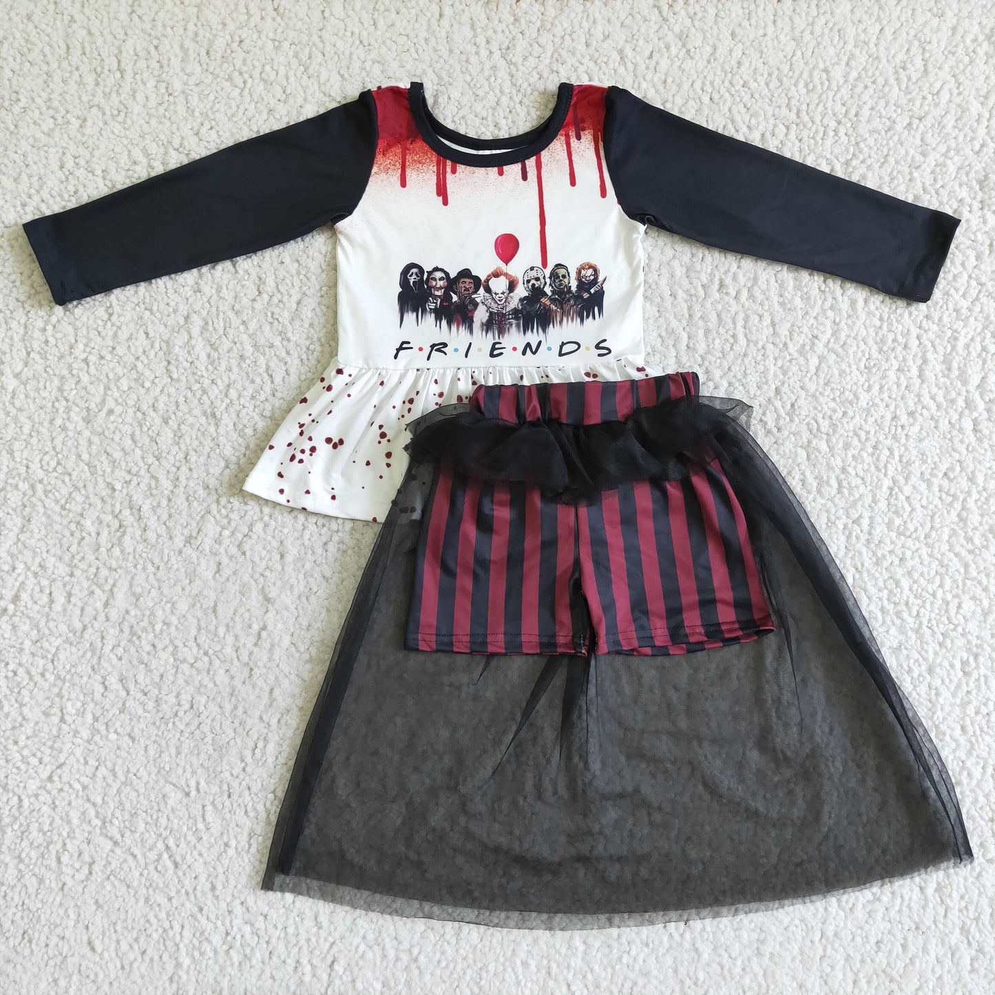 GLD0041 Friends Cartoon Drip Top Stripes Tulle Shorts Girls Halloween Clothes Set