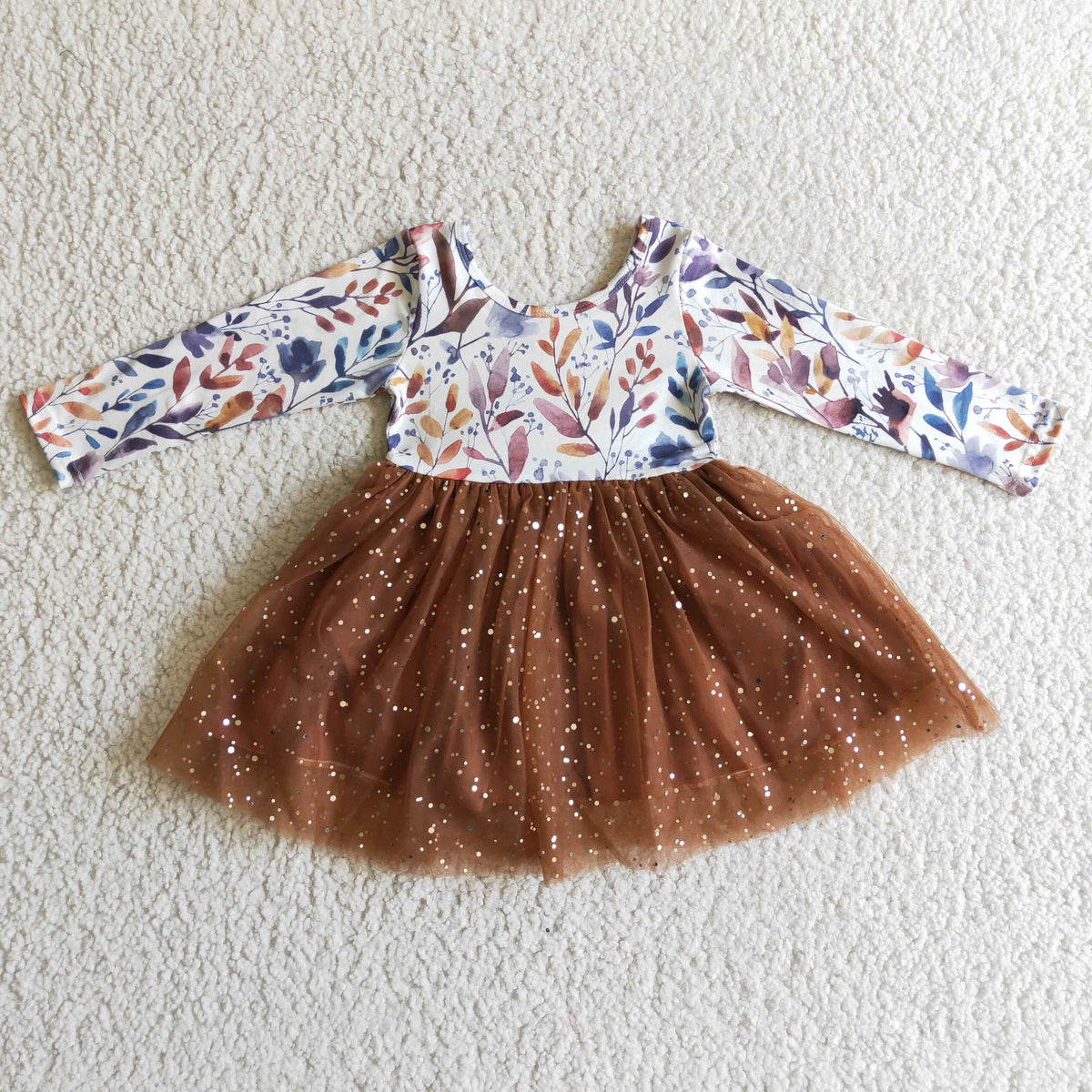 GLD0100 Leaf Print Girls Fall Tulle Knee Length Dress