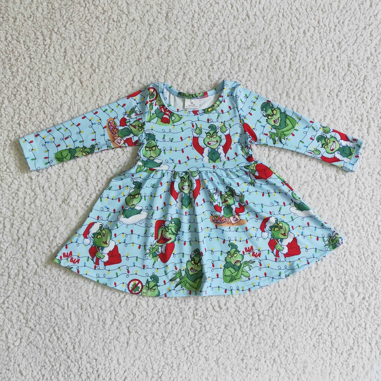 GLD0103 Green Frog Blue Print Girls Christmas Knee Length Dress