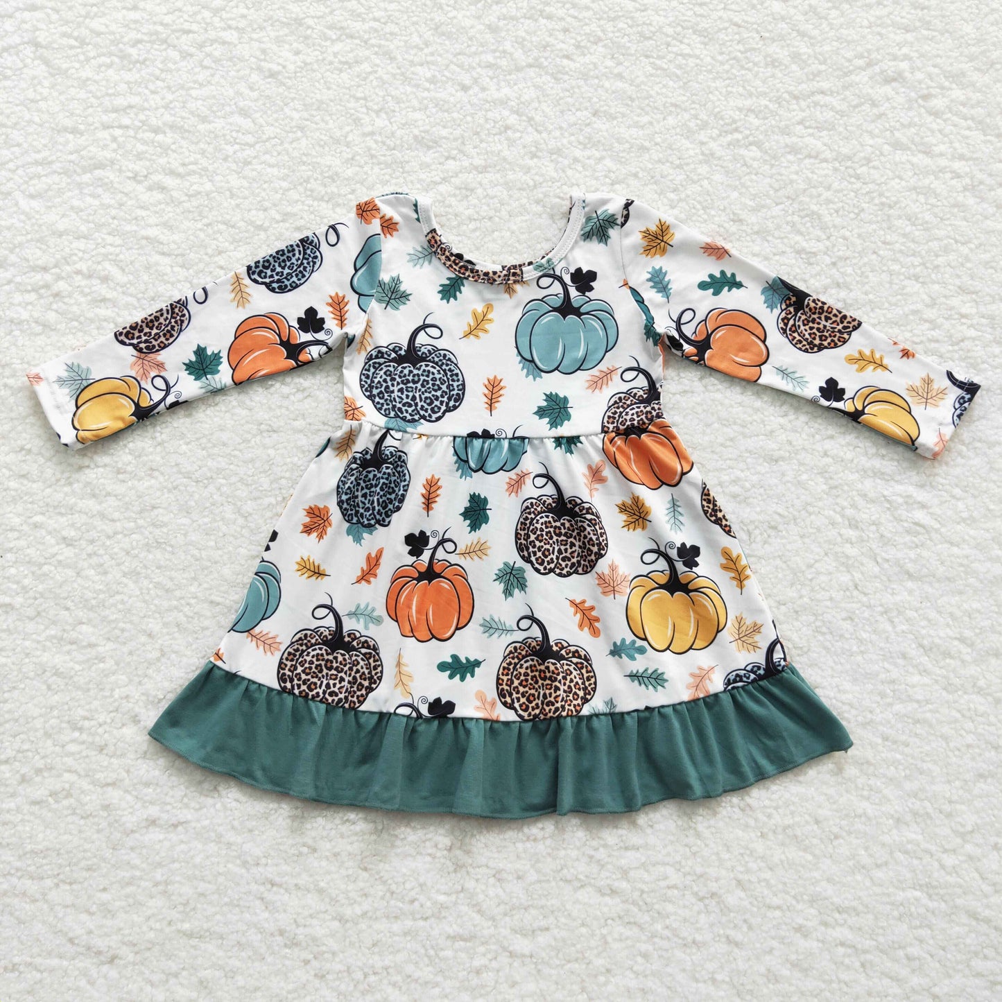 GLD0223 Pumpkin Leaf Print Girls Fall Knee Length Dress