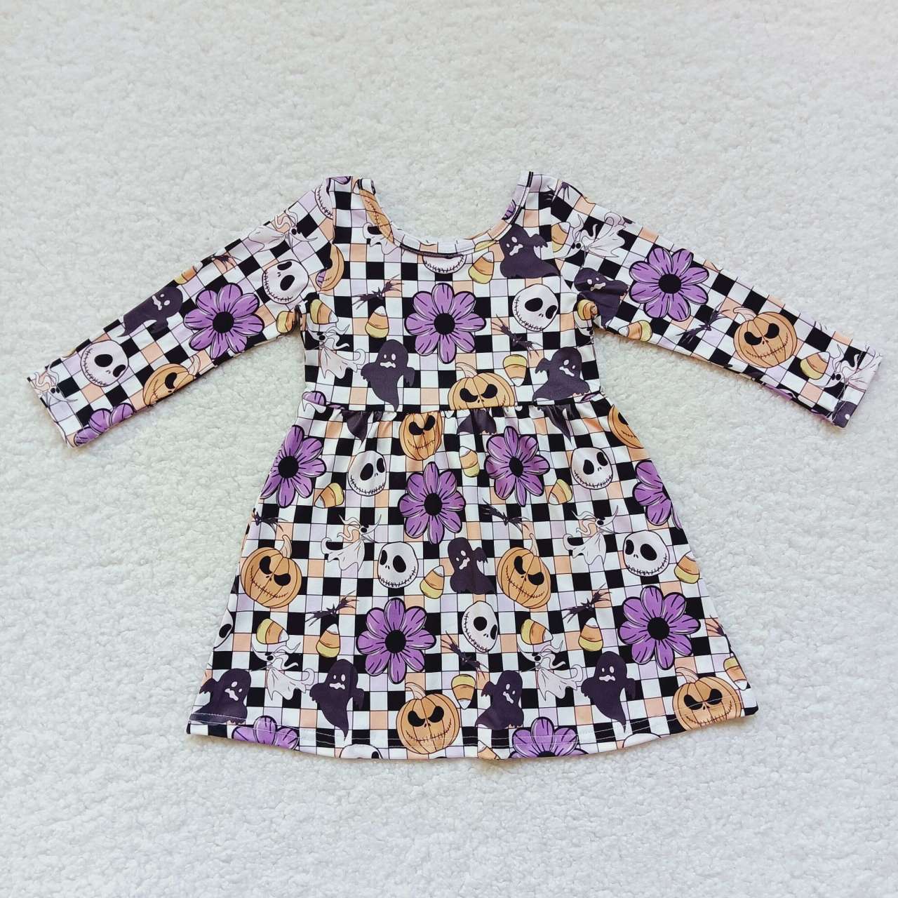 GLD0233 Nightmar* Pumpkin Flowers Plaid Print Girls Halloween Knee Length Dress