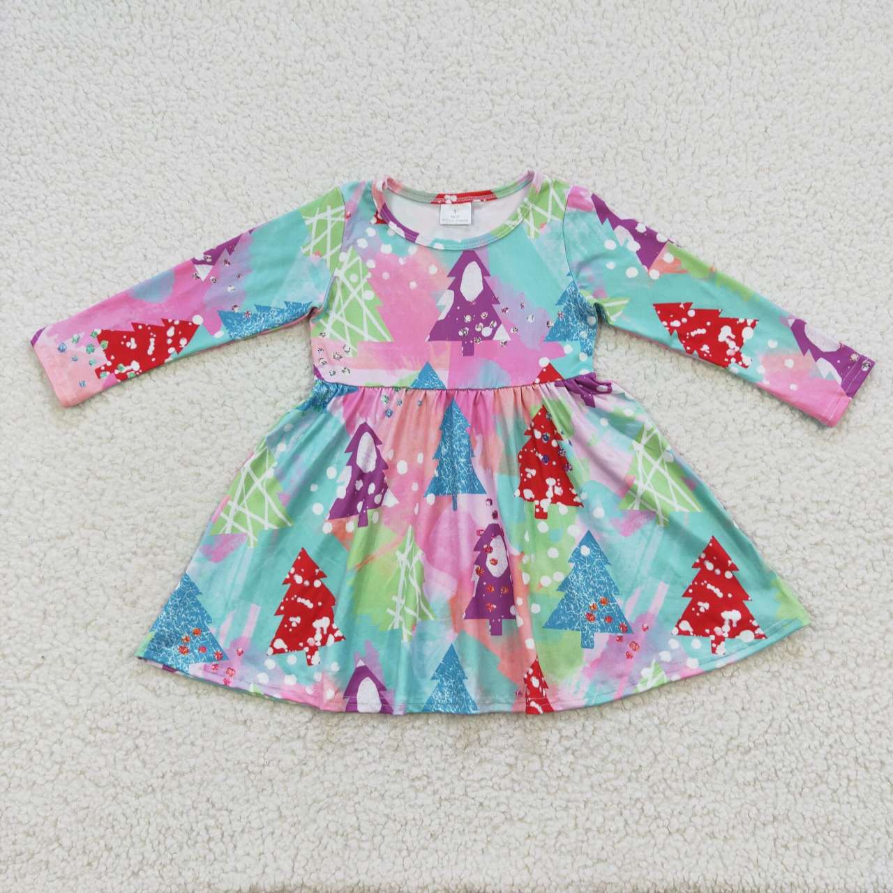 GLD0241 Colorful Tree Print Girls Christmas Knee Length Dress