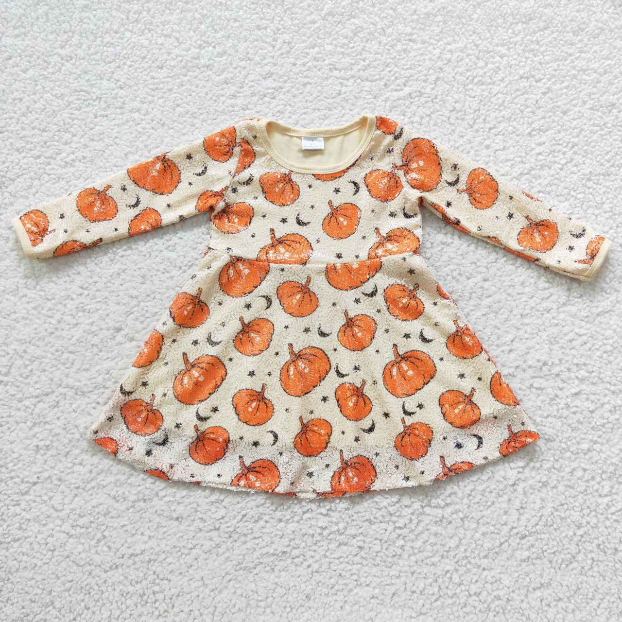 GLD0271 Pumpkin Stars Print Girls Fall Knee Length Sequins Dress
