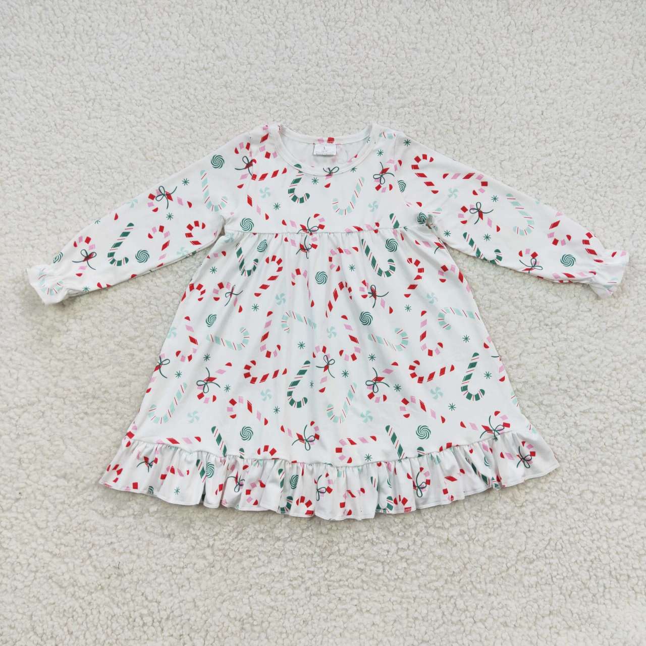 GLD0290 Candy Cane Bows Print Girls Christmas Knee Length Dress