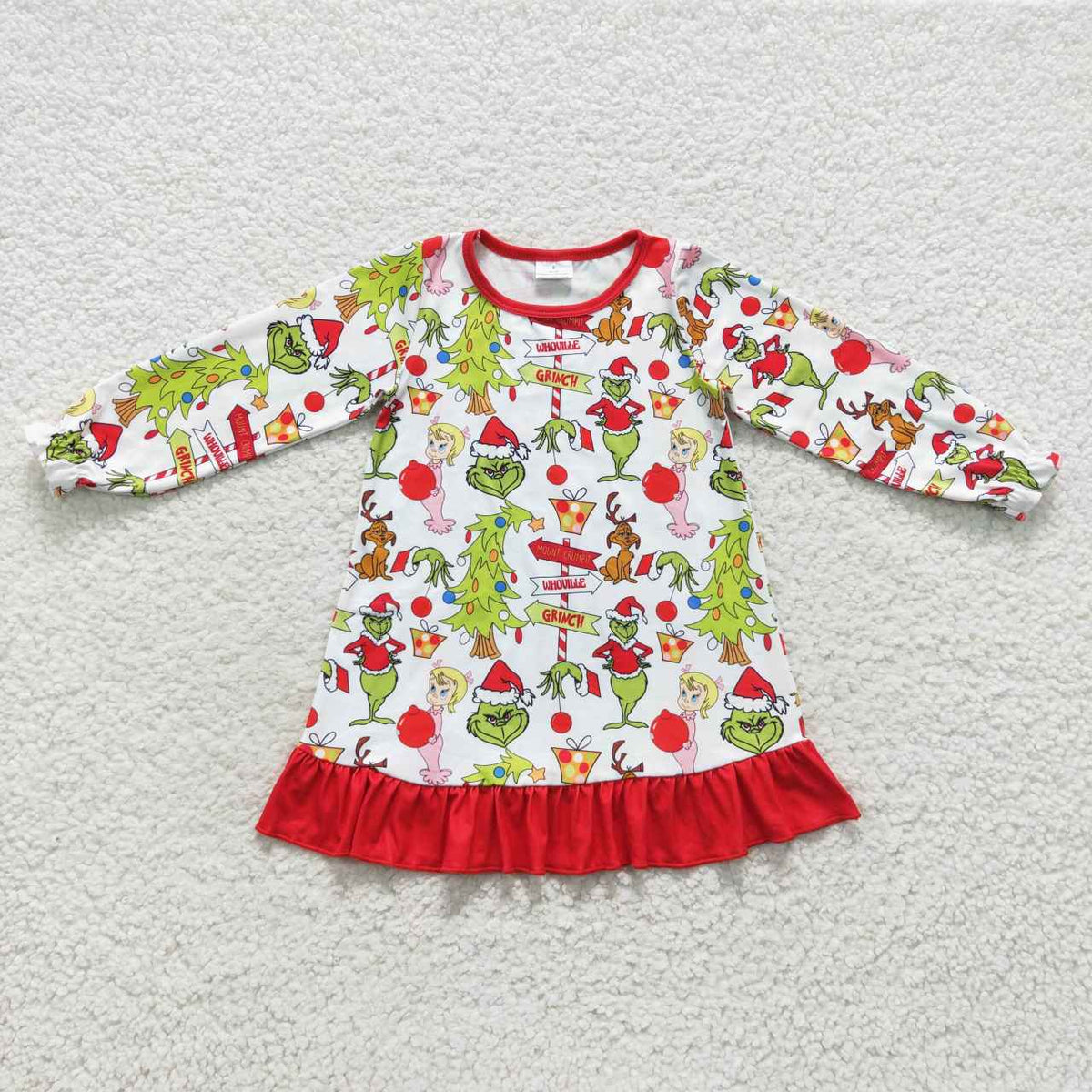 GLD0299 Green Frog Friends Print Girls Christmas Knee Length Dress