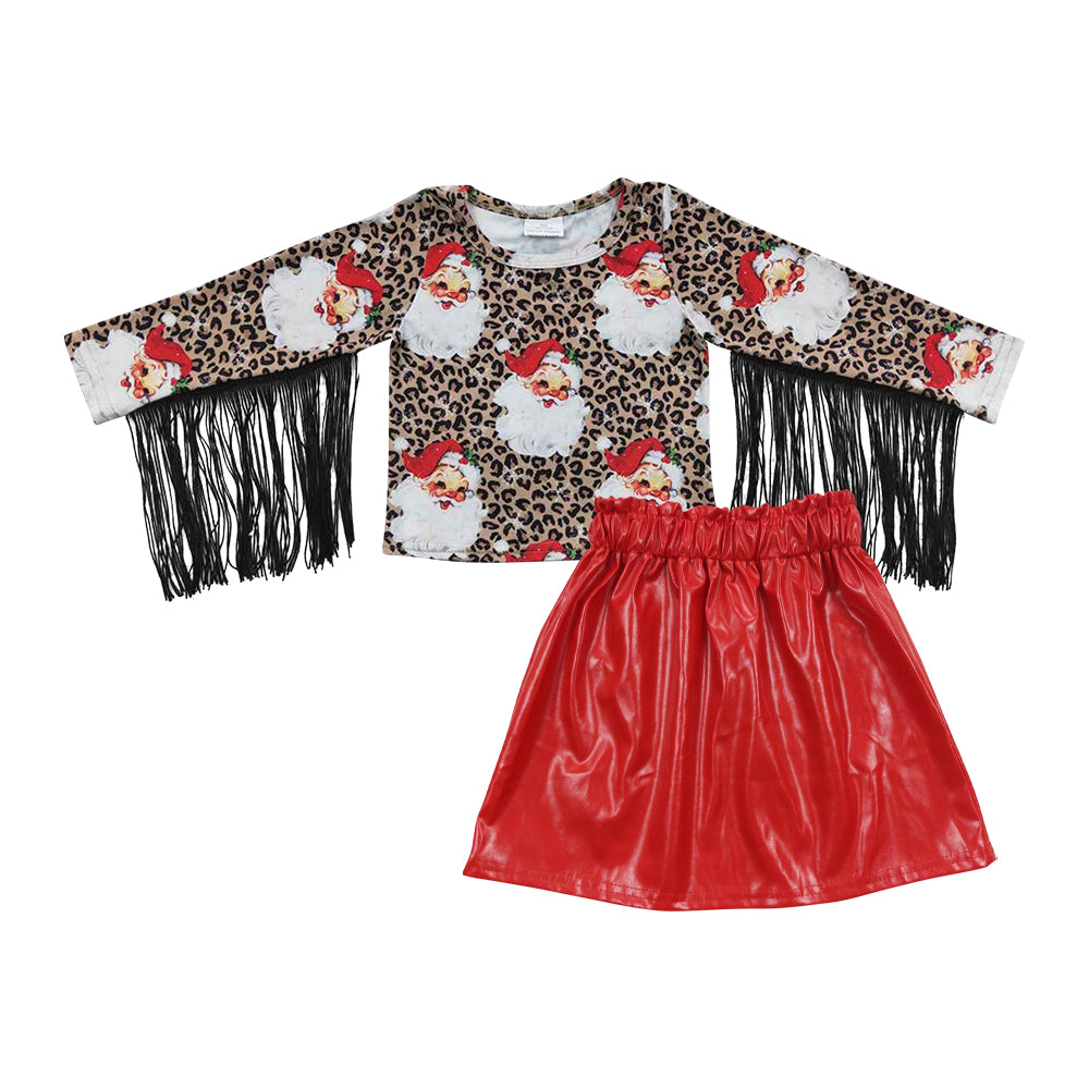 GLD0341 Santa Leopard Tassel Top Red Pleather Skirts Girls Christmas Clothes Set