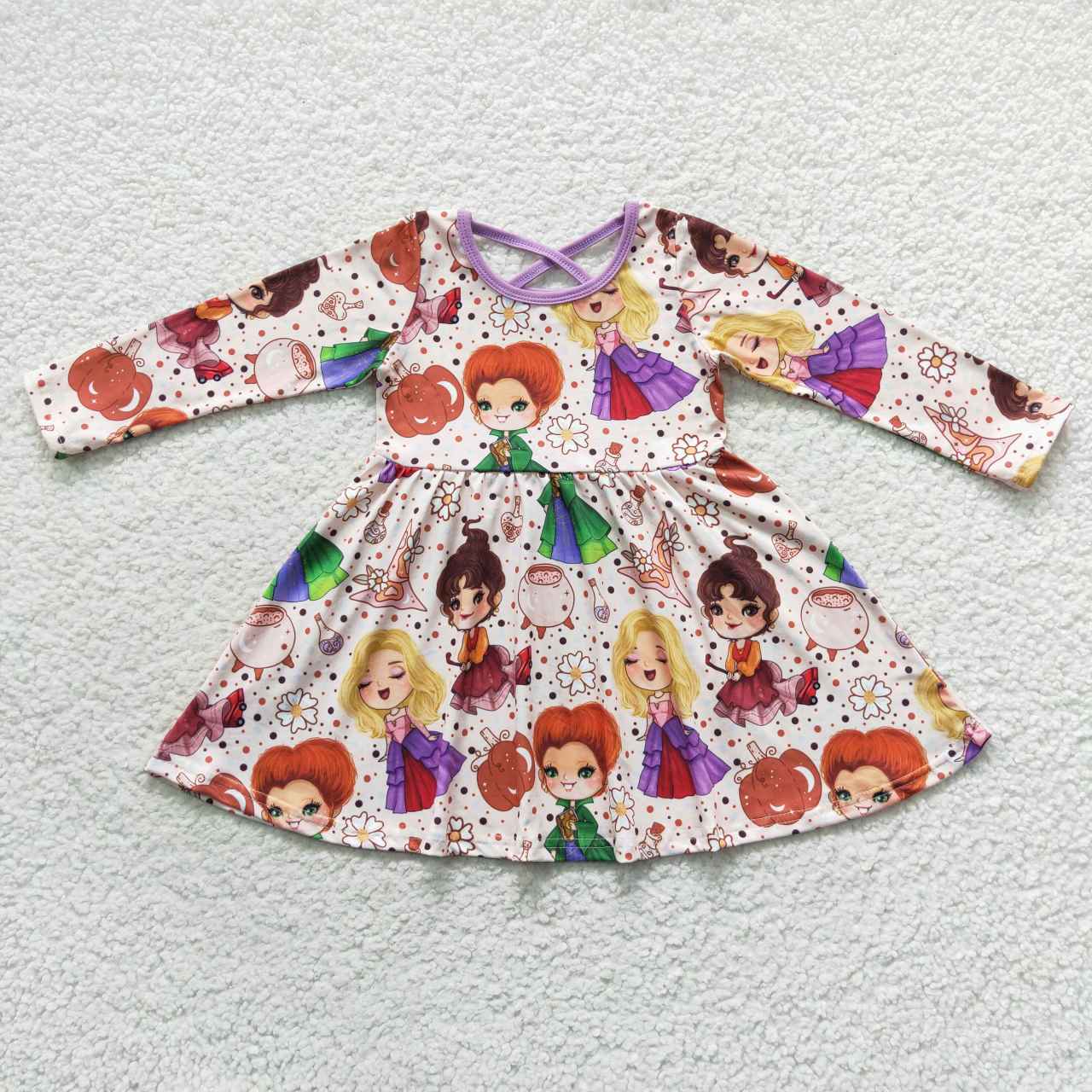 GLD0353 Witch Flowers Pumpkin Print Girls Halloween Knee Length Dress